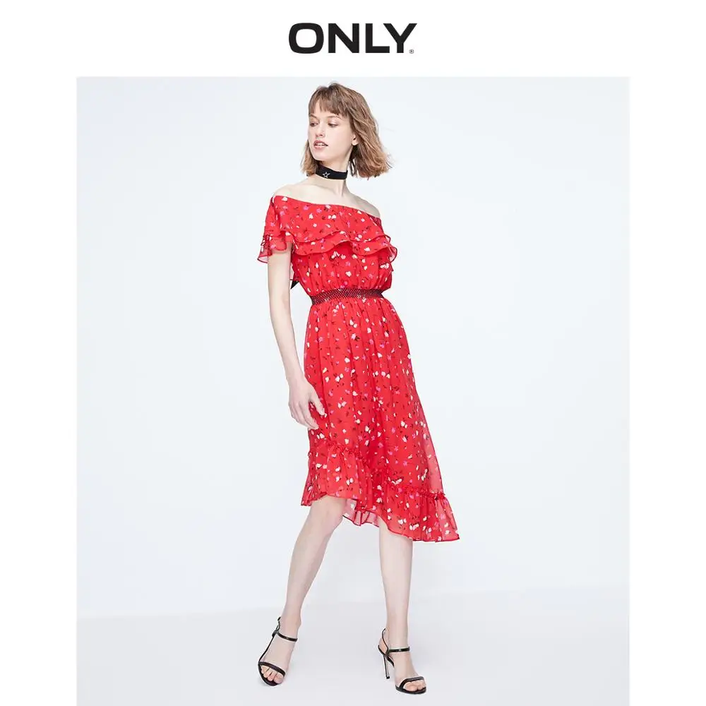 

ONLY Women's Off-the-shoulder Printed Ruffled Chiffon Dress | 119207576
