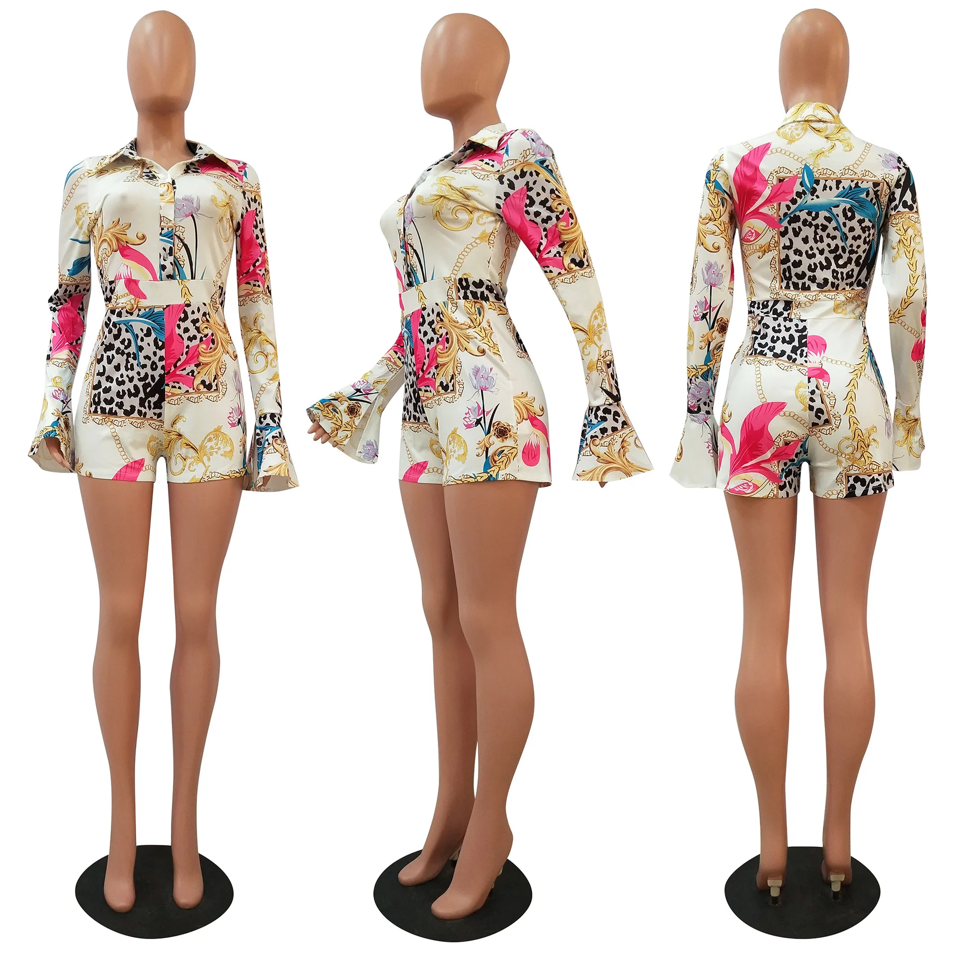 

Adogirl Fashion Leopard Print Shirt Playsuit Sexy Deep V Neck Suit Collar Flare Long Sleeve Shorts Jumpsuit Women Casual Romper