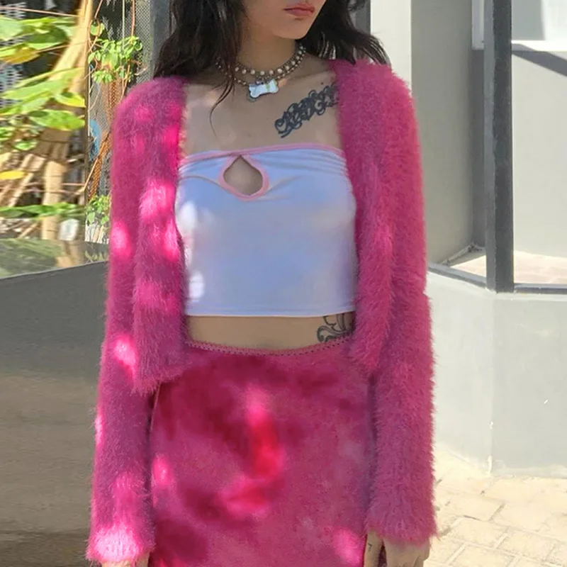 Shestyle Pink Fluffy Open Stitch Cardigans Women Flannel Autumn Fall Spring Short Jackets Sweet Streetwear 2019 New Arrivals | Женская