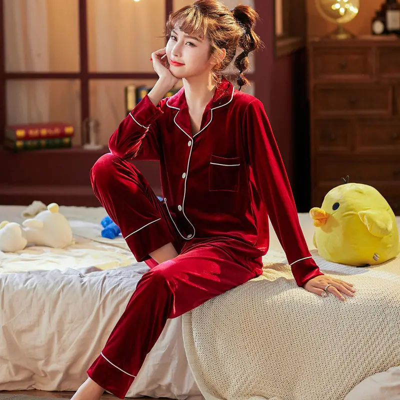 Пижамный комплект женский зимний бархатный однотонный одежда для дома теплый