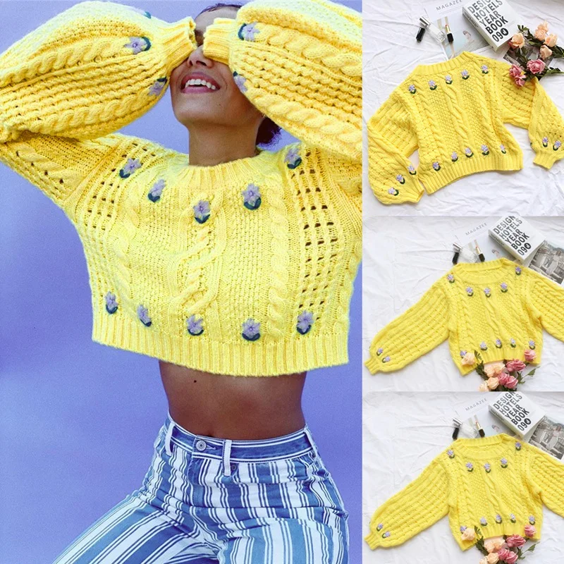 

Kili Floral Cropped Knitted Sweater Women Yellow Sweater Cute Long Sleeve Jumpers Ladies Chic Puff Sleeve Pullover Autumn