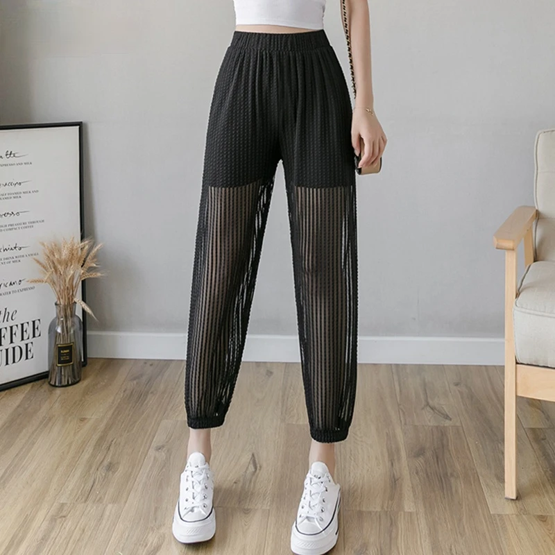 

Summer Thin See-through Loose Mesh Harem Pants S-3XL Plus Size Women's Pants Female Sunscreen Casual Black Chiffon Bloomers