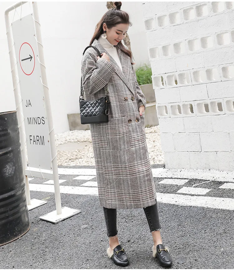 Синяя Клетчатая верхняя одежда длинное пальто с карманами в консервативном