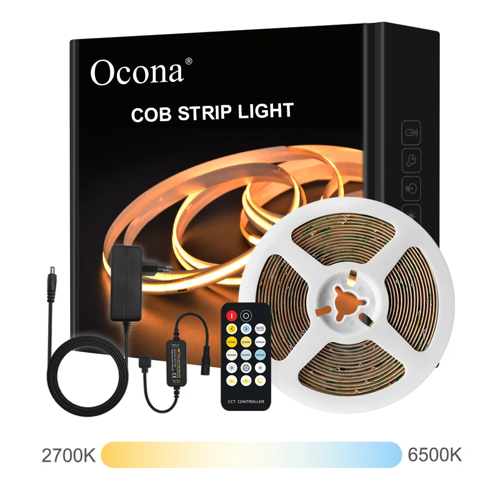 COB CCT LED Strip Light Kit DC 12V 24V Dual Color Tape Lights Bar Ribbon 2700~6500K with Remote Control Flexible Dimmable Tunabl