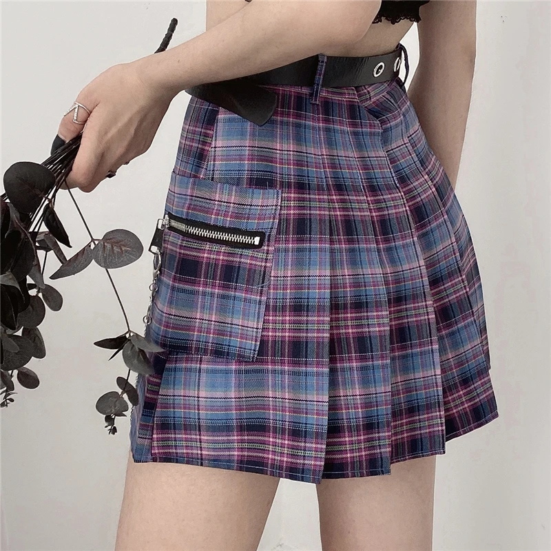 

Harajuku plaid skirt female 2020 new y2k high waist mini tennis skirts uniform chain pocket a line streetwear vintage free belt