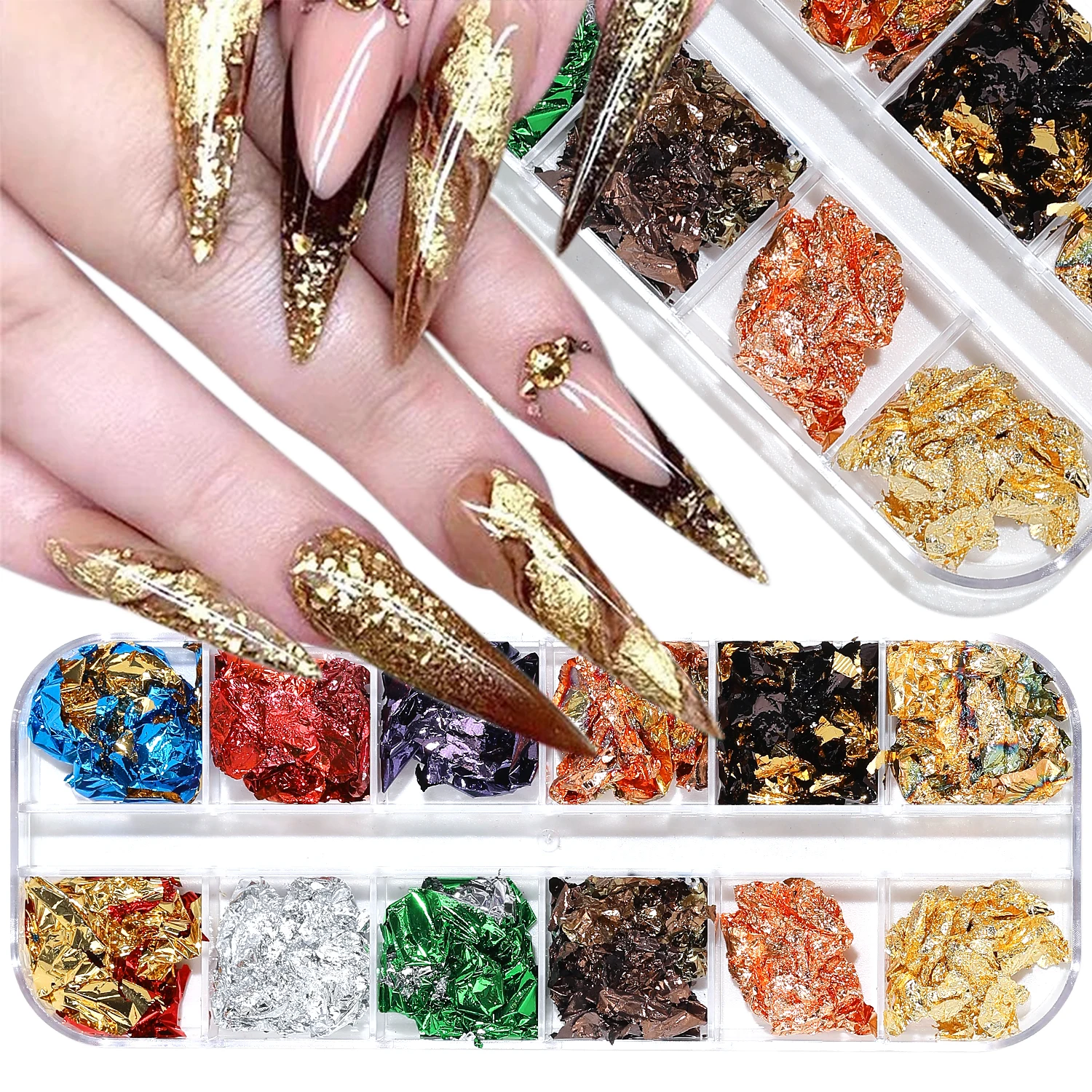 

12 Grids Gold Multi-Color Nail Art Foil Glittering Irregular Sequins, DIY Aluminum Foil Gel Polish Art Nail Decorations