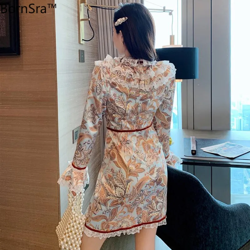 

Bornsra Runway Design Retro Printted Satin Party Dress Female Stand Collar Lace Ruffles Patchwork Flare Sleeve Slim Mini Dress