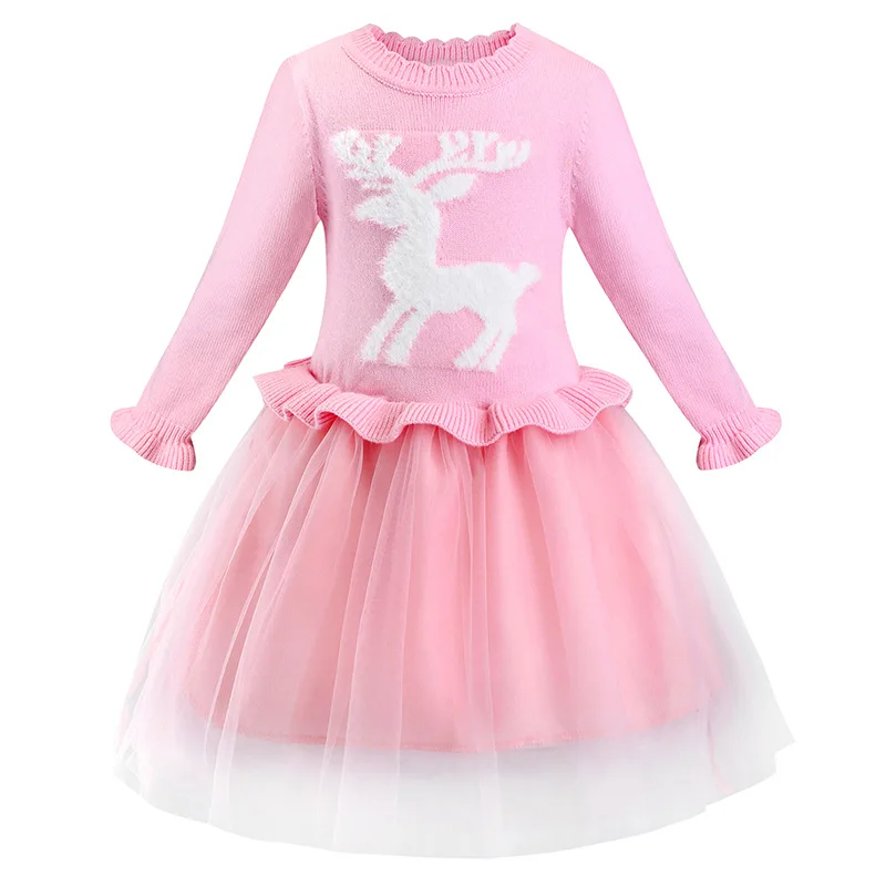 Детское трикотажное платье с длинным рукавом оленем снежинкой | Детская одежда и