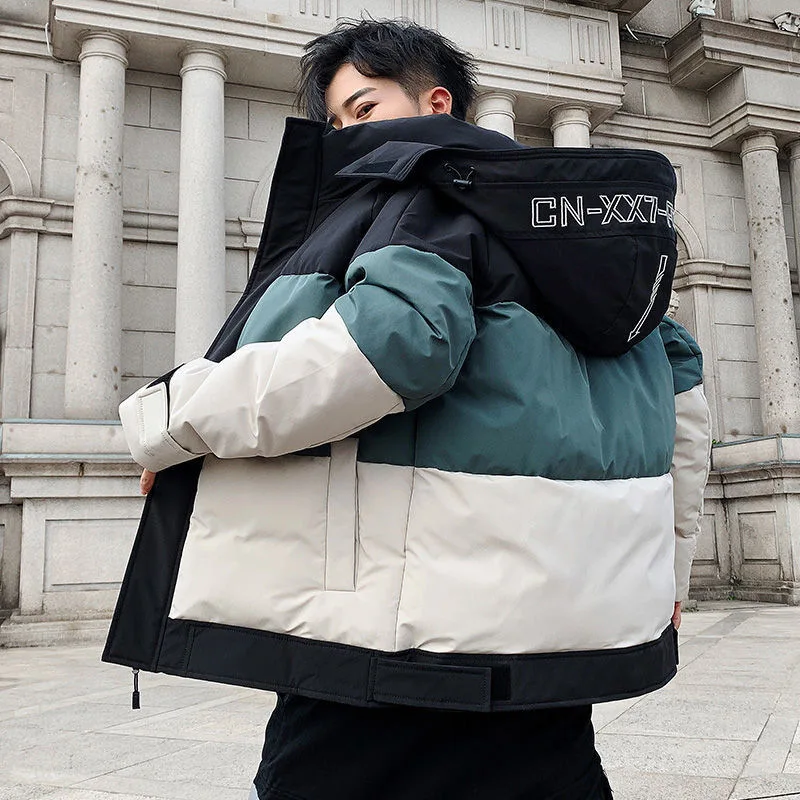 Men's Fashion Color Block Warm Cotton Jacket 2021 Winter Japanese Slim Fit Removable Hooded Cotton Jacket Coats for Men