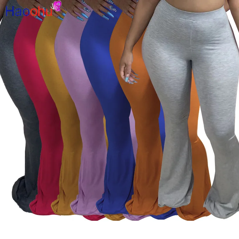 

HAOOHU Casual S-2XL Plus Size Women Elastic Wide Leg Flare Pants Leggings High Waist Trousers Draped Jogger Pants Sweatpants