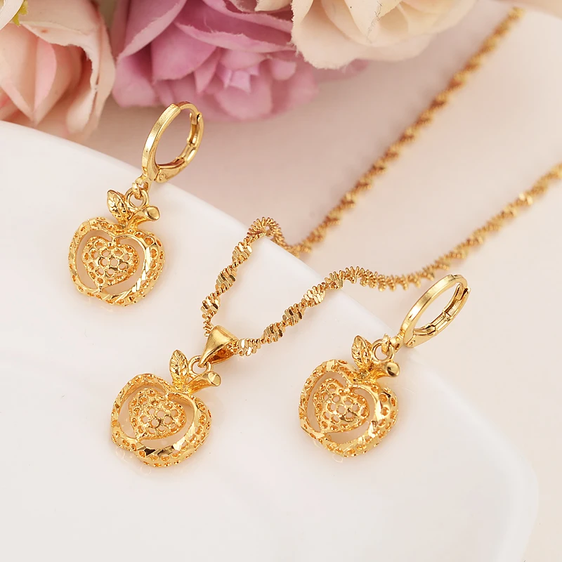

Gold Color Hollow Apple Drop Earrings Pendant Necklace Elegant Jewerly Set For Women High Quality Dubai Arab African Jewelry