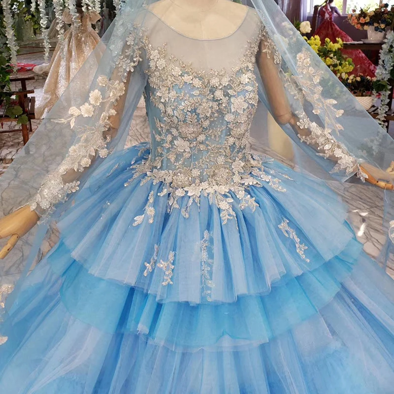 HTL842 blue muslim wedding dresses with bridal veil o-neck long sleeve green wedding gown lace color dress vestido de noiva azul