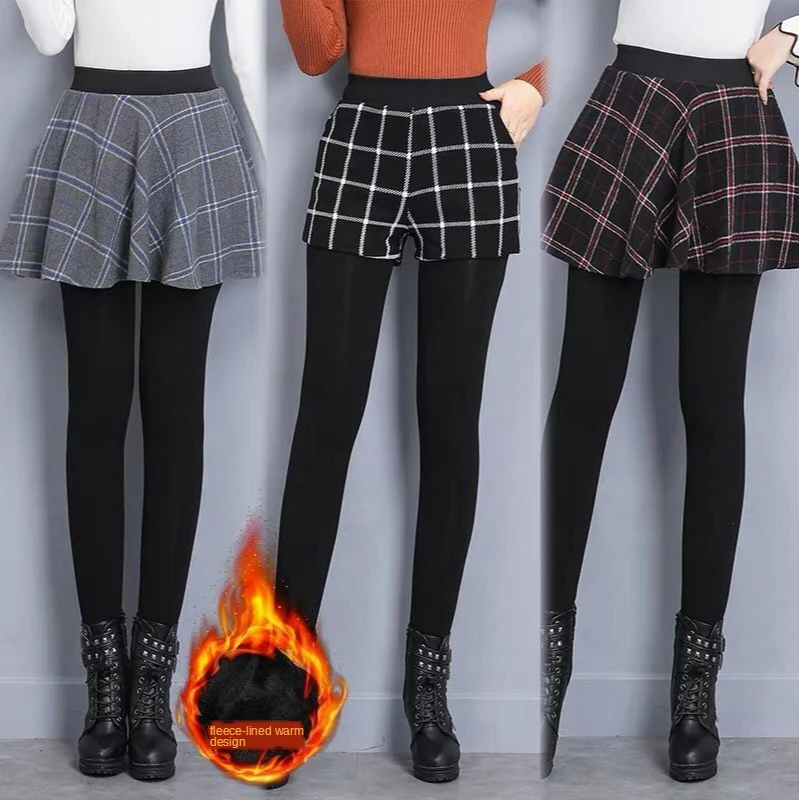 2020 Waist Stretch Women's Leggings Stirrup Mock Two-Piece Shorts Autumn Winter Plaid Fleece Lined Padded Bootcut Pants Lift Hip