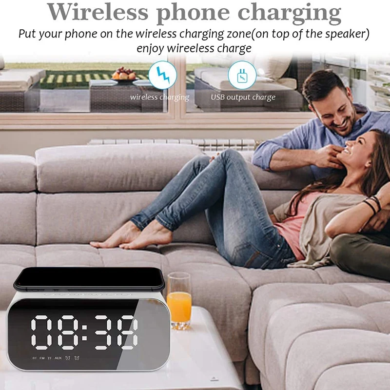 

Alarm Clock with Wireless Charging,Home Digital Clocks Radio Bluetooth Speaker with USB Port,Big Mirror LED Display
