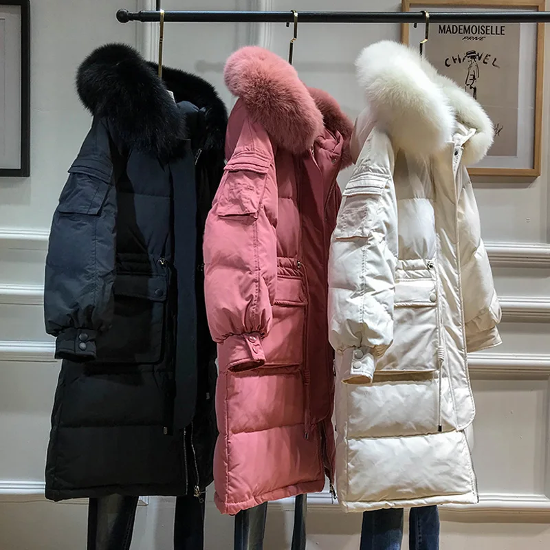 Большой натуральный енотовый меховой воротник теплый зимний пуховик с капюшоном