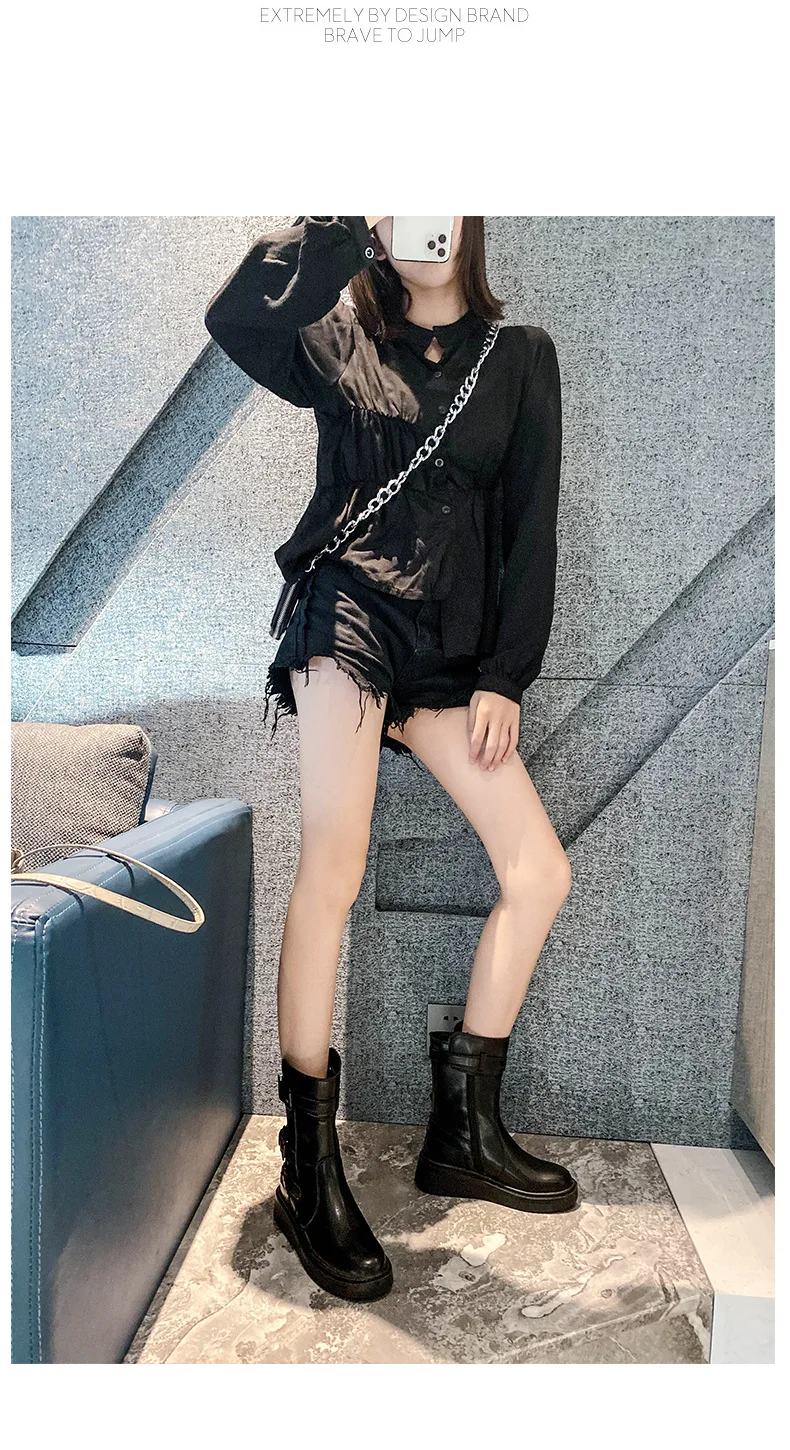 

Female botas mujer Buckle Autumn New Shoes Women Chelsea Boots Gingham Brand Lady footware Platform Cross-tied Ankle Boots Black