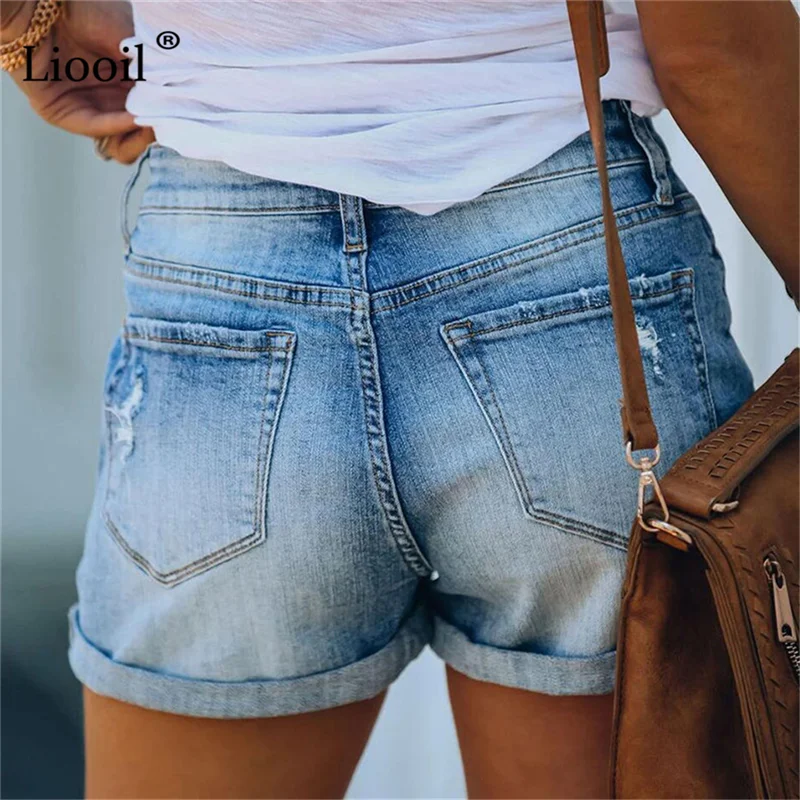 Женские джинсовые шорты с завышенной талией эластичные Рваные на пуговицах и