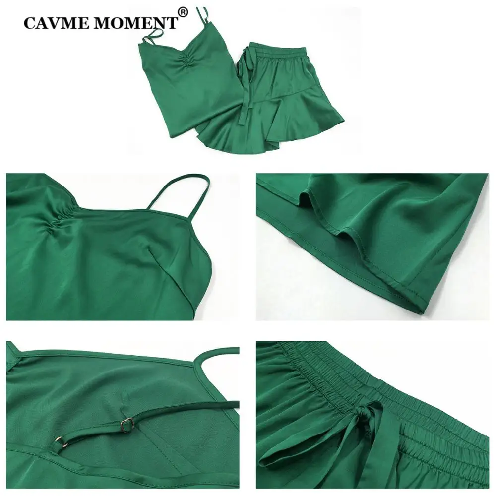 

CAVME Summer Spaghetti Strap Shorts Pajama Sets Sexy Elegant Sleepwear 2 Pieces Homewear Sleeveless Homeclothes Solid Color