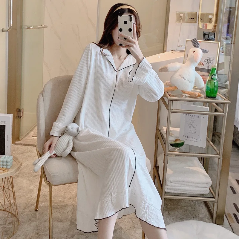 2021 Long Sleeve Nightdress Women's Spring Autumn Thin Casual Loose Long Skirt Solid Color Nightgown Dress Female Sleepwear