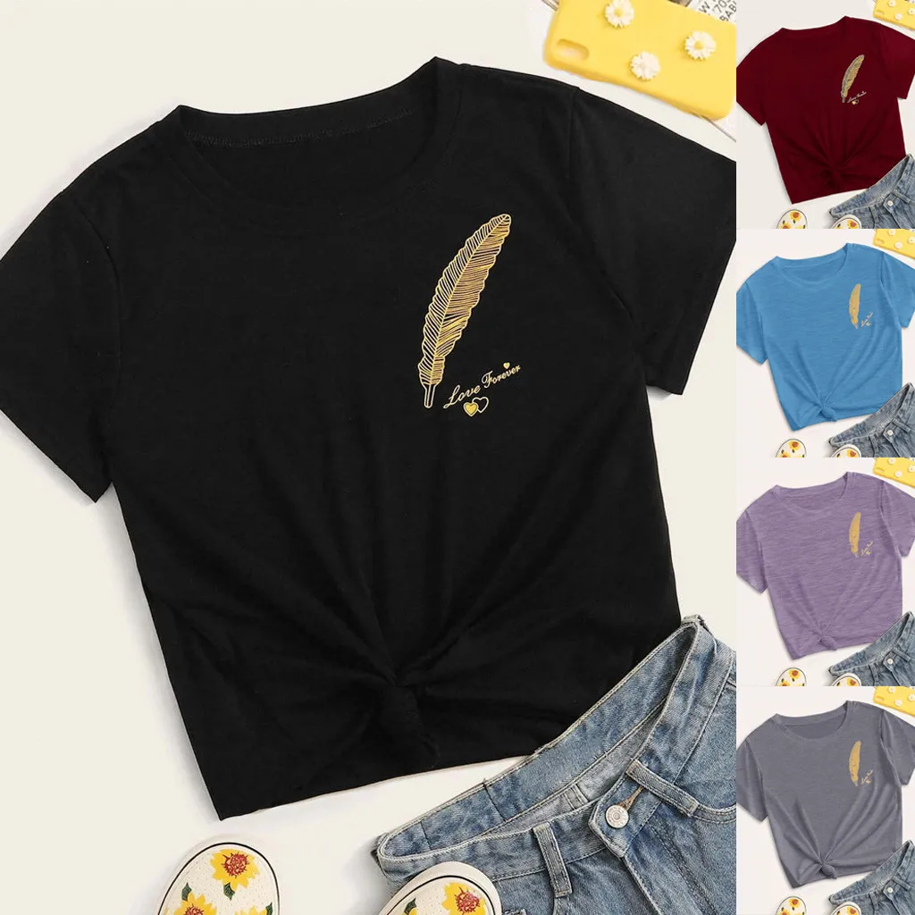 Женская летняя футболка с принтом перьев коротким рукавом Повседневная Туника