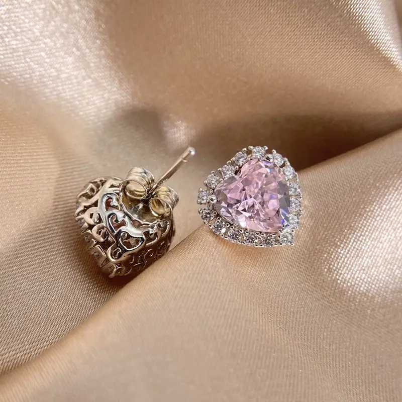 

Jazaz 5 Carats Pink Heart Zircon Stud Earrings women Top quality 925 Sterling Silver Spark CZ Wedding jewelry Party Gift B0819