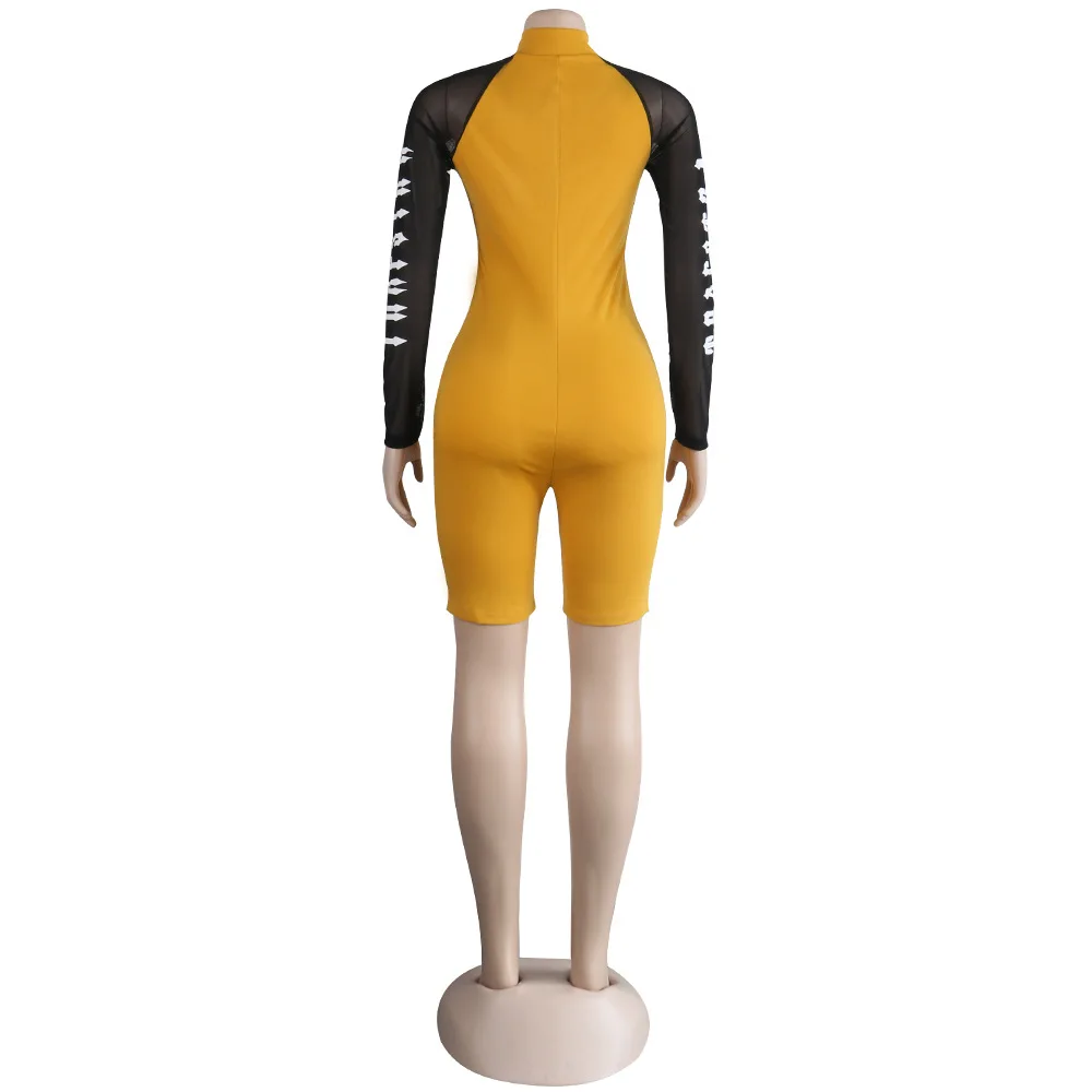 

Europe and America sexy night club solid color one-piece pants fashion slim zipper letter long sleeve women's shorts