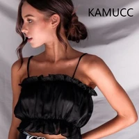 kamucc 2020 ins most fashionable ladies sexy suspenders solid color lace tube top ruffled chiffon small sleeveless t shirt