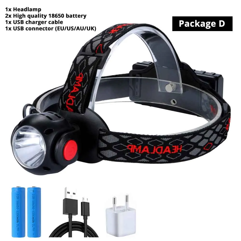 Package D USB Перезаряжаемый светодиодный налобный фонарь 7 режимов T6+ COB Многофункциональный водонепроницаемый головной светильник с индикатором питания Светильник с помощью батареи 18650 - Испускаемый цвет: Package D