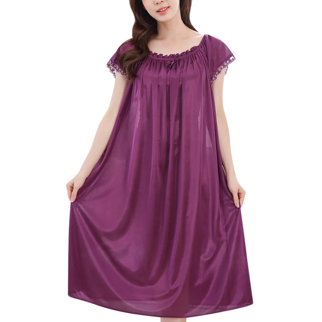 c Ночное Платье пижама женская seksi gecelik сексуальная одежда для сна женская однотонная короткий рукав круглый вырез икры Ночная сорочка Осенняя OY41 - Цвет: c
