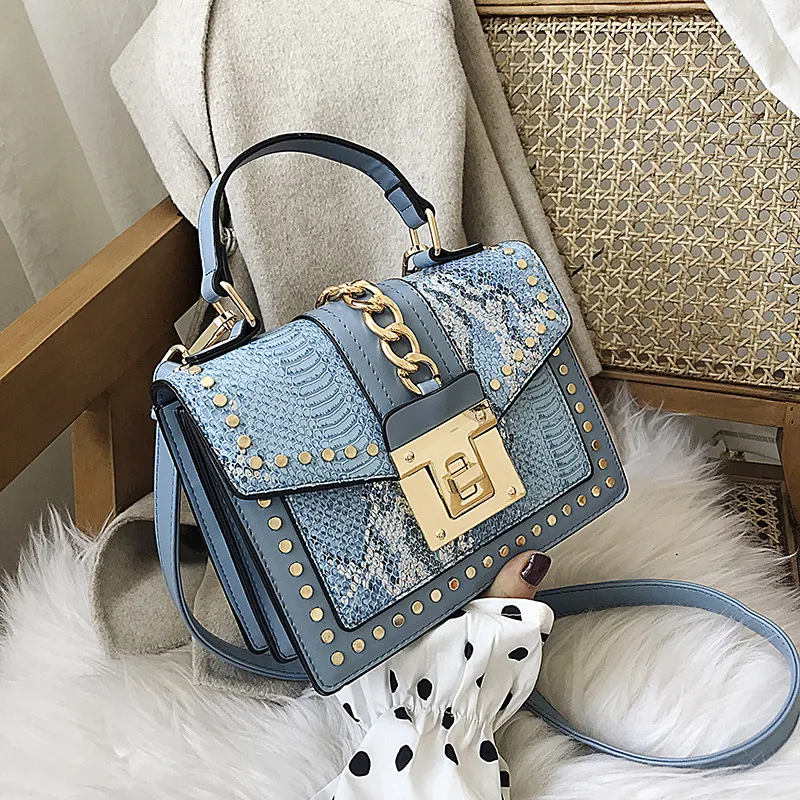 

Fashion Snake Pattern Women Shoulder Bags Designer rivet Chains Handbag Luxury Pu Leatehr Flap Crossbody Bag Small Famale totes