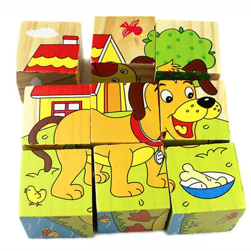 Baby Toy Wooden Block Chopping Block Wooden Cubes Animal Fruit Traffic 9PCS 6 Side Educational Toys for Children Learning Gifts