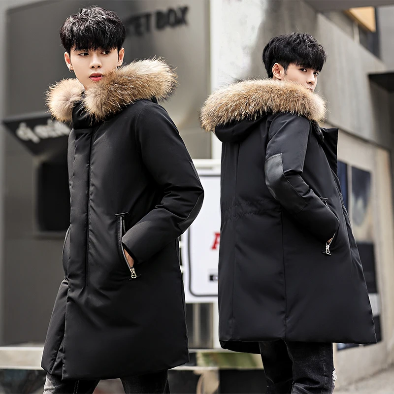 

2021 Men Hooded slim down jacket male youth fashion leisure big fur collar long coat street style warm white duck down brand