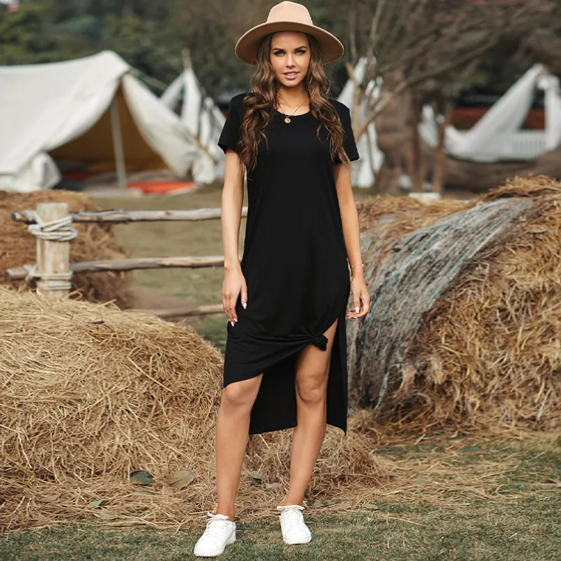 

Summer Women's Casual Mid-Calf Solid T-shirt Dress Short Sleeves Split Hem Cotton Blend