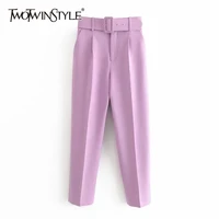 twotwinstyle casual solid color pants for women high waist belt straight long pants female 2021 spring new womens clothing