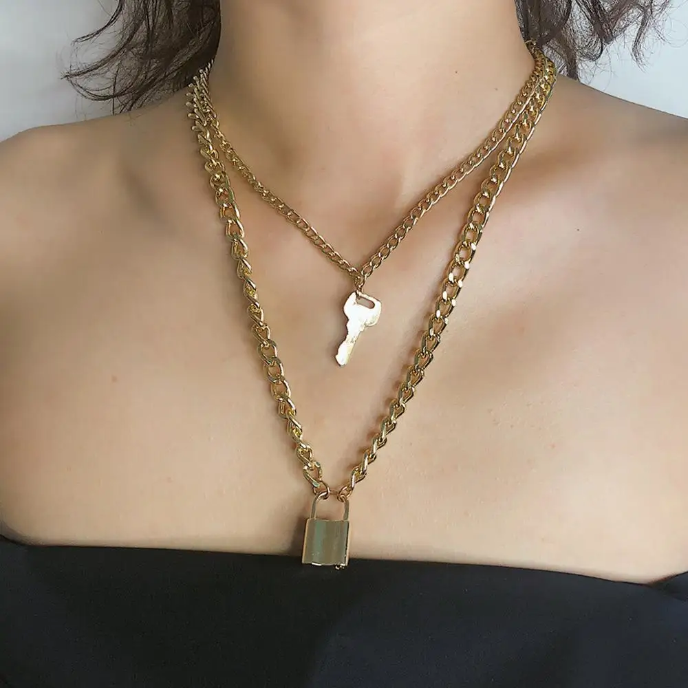 Fashion Key Padlock Pendant Necklace for Women Gold/Silver Lock Layered Chain on the Neck With Punk Jewelry | Украшения и