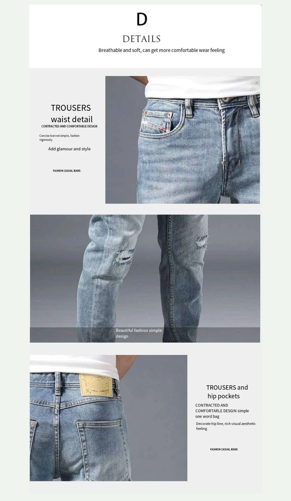 

2021 Four Seasons Light Blue Slim-fit Straight Distressed Hole Patch Men's Jeans Trendy Brand Korean Fashion Long Pants Jokers