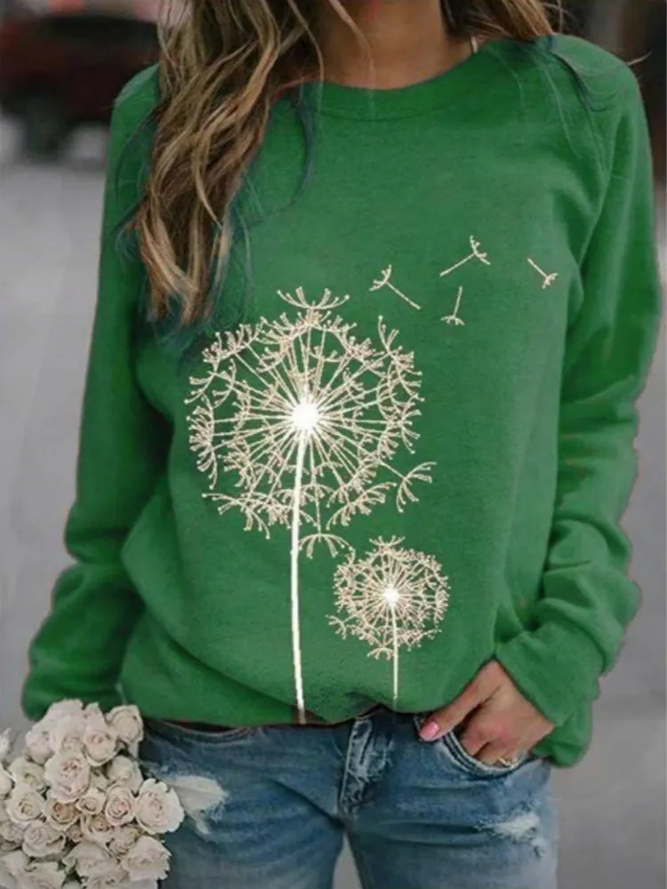 

2020 Winter Dandelion Print Sweatshirt Green Sweatshirt Multicolor Sweatshirt Round Neck Long Sleeve Casual Loose Sweatshirt