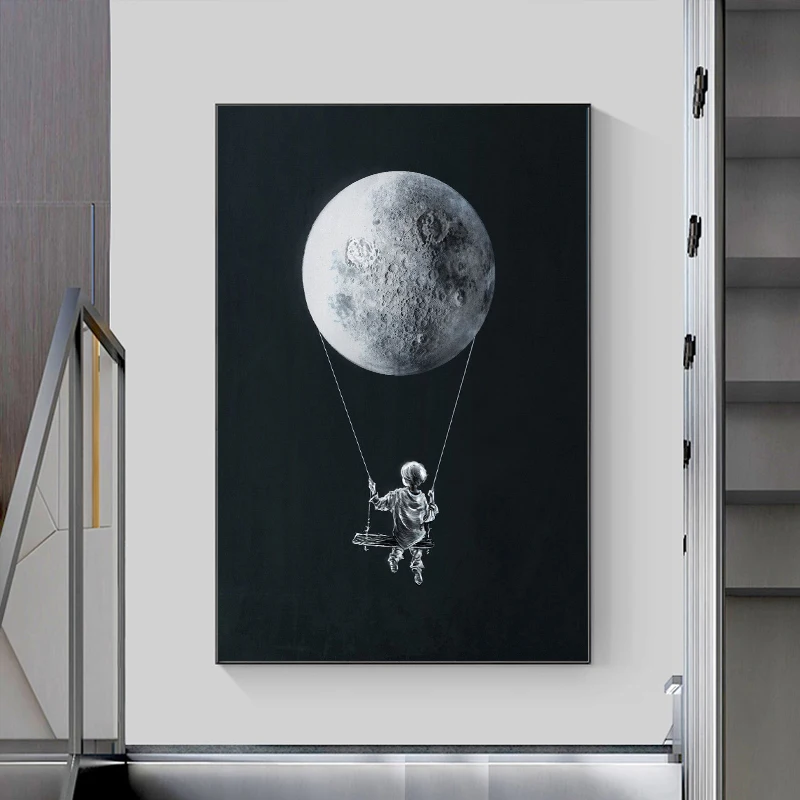 

Girl Swinging on The Moon Stars Canvas Painting Abstract Poster and Print Wall Art Picture Interior Home Decoration Cuadros