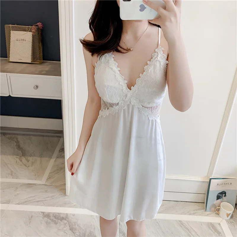 Женская сексуальная ночная рубашка шелковая с принтом кружевная домашняя одежда