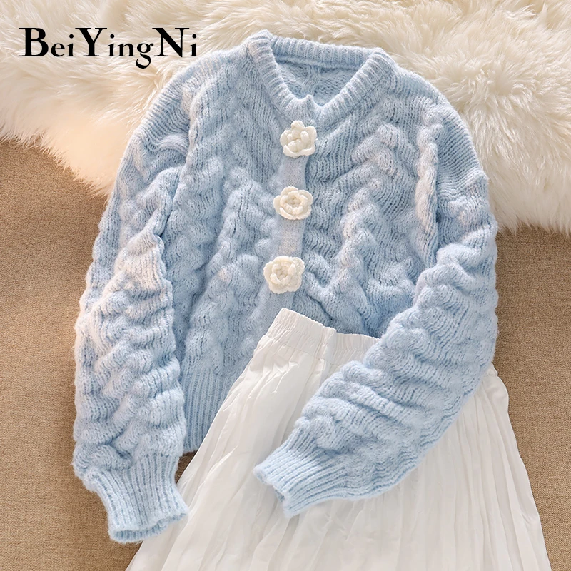 

Beiyingni Women Kawaii Cashmere Cardigan Thick Coats Knitwear Cute Buttons Up Blue Sweater Chic Jumper Female Jackets Sweaters