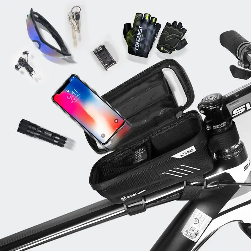 

WILD MAN Mountain Bike Bag Waterproof Zipper Hard Sshell MTB Mobile Phone Case Front Tube Bags Cycling Riding Equipment