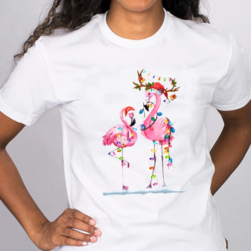 

Women/Men Harajuku Style Short Sleeve Tops Christmas Flamingo Graphic Print T-shirt Female Suitable All Seasons Clothes