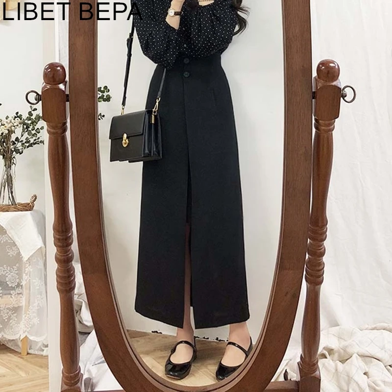New 2021 Spring Women Fashion Casual Office Ladies Korean Style Buttons High Waist Patchwork Split Female Straight Skirt SK6121 | Женская