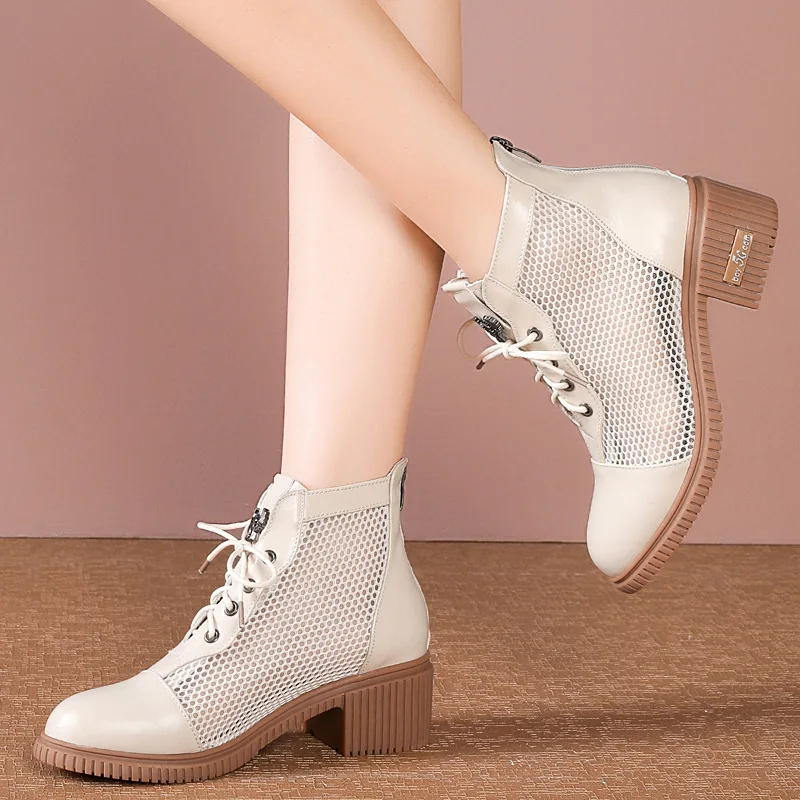 

Summer sandals women's leather fashion mesh cut-out thick heel simple lace net boots comfortable and breathable