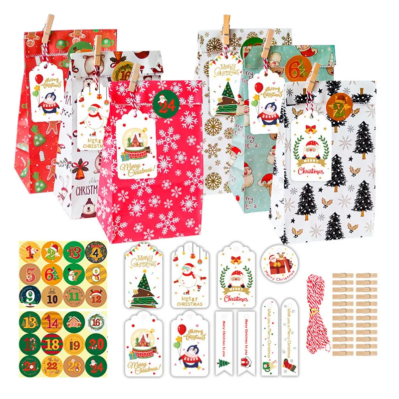 

24pcs Christmas Countdown Candy Box Packaging Bag Calendar Gift Bag Baking Favor Gift Box With Stickers Tag Christmas Decoration