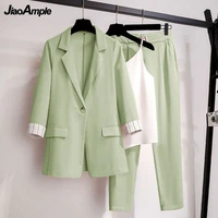 womens pants set 2021 spring autumn new suit jacket suspenders trousers three piece korean elegant top blazers coat pantsuit