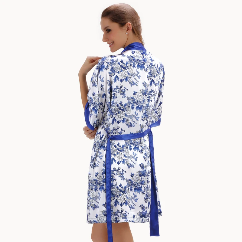 

Женский шелковый халат с цветочным рисунком, комплект из 2 предметов, атласный банный халат синего и белого цветов, пикантная одежда для отд...