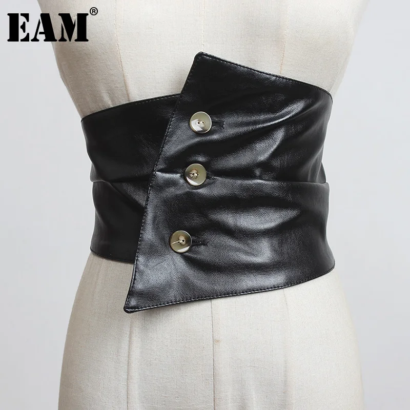 

[EAM] Черный Асимметричный плиссированный широкий ремень из искусственной кожи, Новый Модный женский Универсальный весенне-осенний 2022 1DD0195