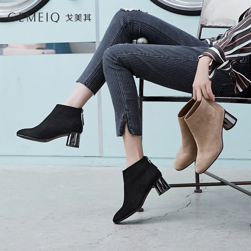 GEMEIQ/Новинка 2019 года зимние ботинки с квадратным носком женские теплые бархатные