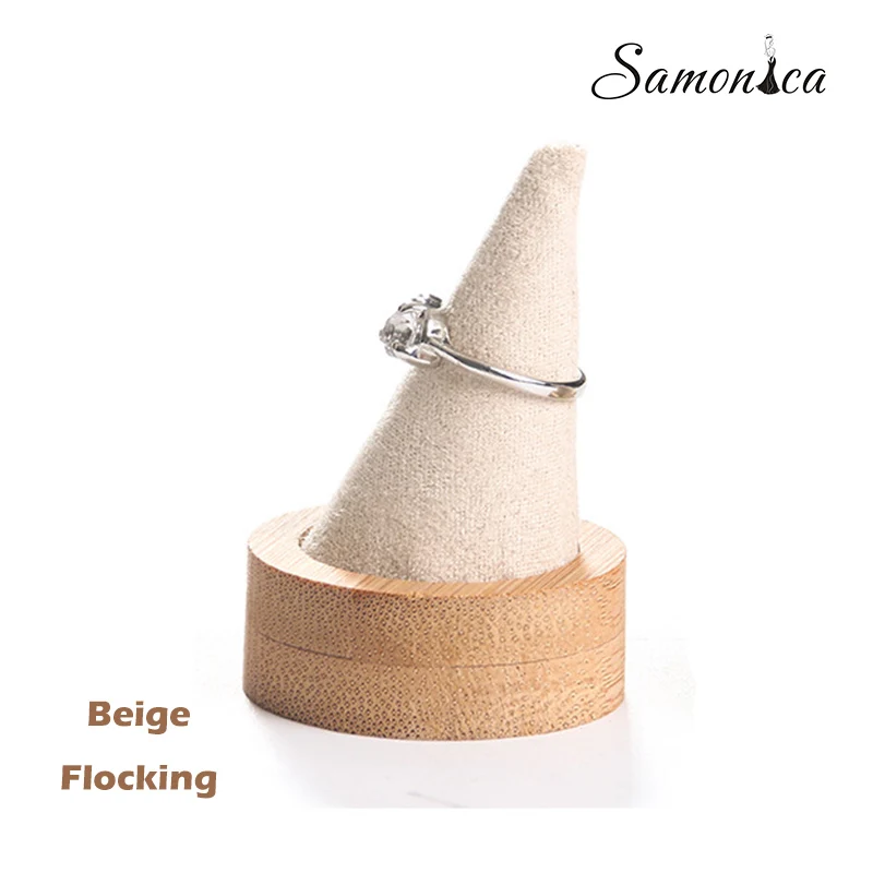 Beige Flocking Бамбуковый конический круглый низ с заостренным кольцом, стойка для хранения, кронштейн, кольцо, органайзер, дисплей для ювелирных изделий - Цвет: Beige Flocking